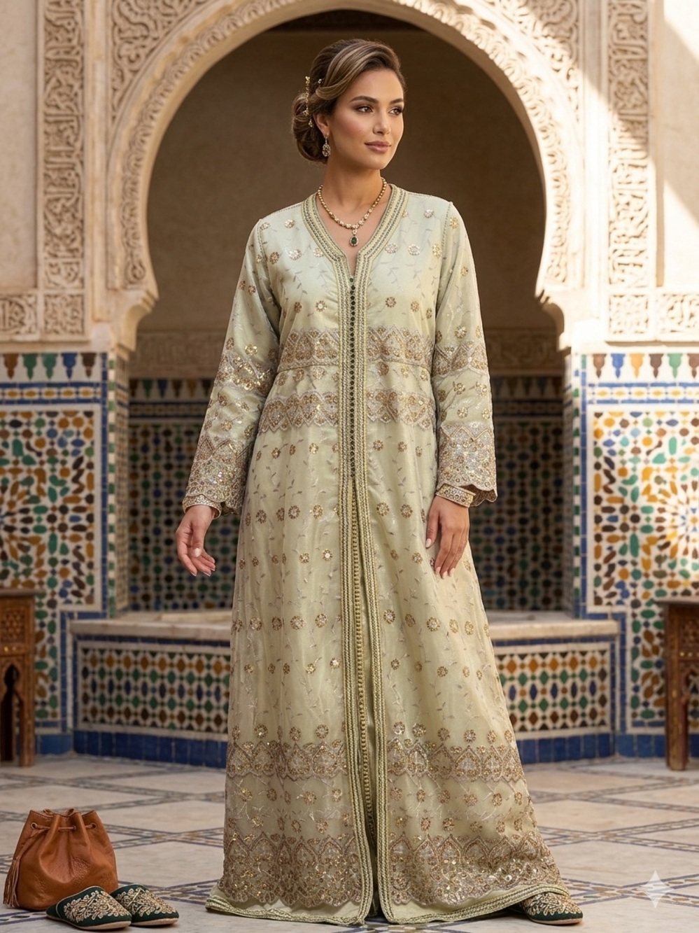 Light Green Moroccan Kaftan With Gold & Copper Beadwork | Luxury Event Dress